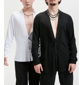 Men's latin dance shirts black white  creped front salsa rumba chacha performance tops 